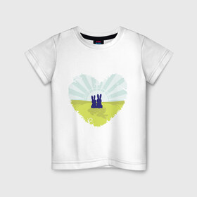 Детская футболка хлопок с принтом Зайки в Новосибирске, 100% хлопок | круглый вырез горловины, полуприлегающий силуэт, длина до линии бедер | Тематика изображения на принте: влюбленные | влюбленные зайки | зайцы | зайчики | сердце | силуэты заек