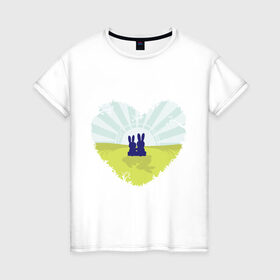 Женская футболка хлопок с принтом Зайки в Новосибирске, 100% хлопок | прямой крой, круглый вырез горловины, длина до линии бедер, слегка спущенное плечо | влюбленные | влюбленные зайки | зайцы | зайчики | сердце | силуэты заек
