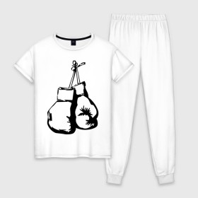 Женская пижама хлопок с принтом Боксерские перчатки (3) в Новосибирске, 100% хлопок | брюки и футболка прямого кроя, без карманов, на брюках мягкая резинка на поясе и по низу штанин | боксерские перчатки | емельяненко | тату | чёрно белое