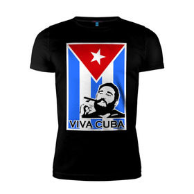 Мужская футболка премиум с принтом Viva, Cuba! в Новосибирске, 92% хлопок, 8% лайкра | приталенный силуэт, круглый вырез ворота, длина до линии бедра, короткий рукав | Тематика изображения на принте: cuba | viva | вива | кастро | куба | кубы | фидель | флаг