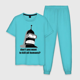 Мужская пижама хлопок с принтом Futurama bender в Новосибирске, 100% хлопок | брюки и футболка прямого кроя, без карманов, на брюках мягкая резинка на поясе и по низу штанин
 | bender | don	 you want to kill all humansfuturama | футурама