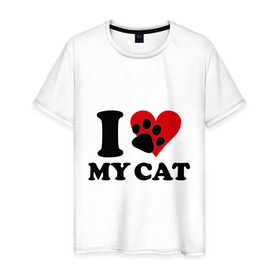 Мужская футболка хлопок с принтом I love my cat - Я люблю свою кошку в Новосибирске, 100% хлопок | прямой крой, круглый вырез горловины, длина до линии бедер, слегка спущенное плечо. | cat | i love | love my cat | киса | киска | кот | котенок | котик | котяра | кошка | люблю кошку