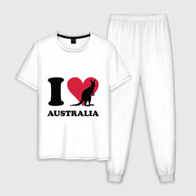 Мужская пижама хлопок с принтом I love Australia в Новосибирске, 100% хлопок | брюки и футболка прямого кроя, без карманов, на брюках мягкая резинка на поясе и по низу штанин
 | Тематика изображения на принте: i love | i love australia | кенгуру | я люблю | я люблю австралию
