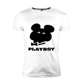 Мужская футболка премиум с принтом Playboy mishka в Новосибирске, 92% хлопок, 8% лайкра | приталенный силуэт, круглый вырез ворота, длина до линии бедра, короткий рукав | Тематика изображения на принте: mishka | playboy | медведь | мишка | олимпиада 80 | олимпийский мишка | плейбой