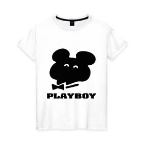 Женская футболка хлопок с принтом Playboy mishka в Новосибирске, 100% хлопок | прямой крой, круглый вырез горловины, длина до линии бедер, слегка спущенное плечо | Тематика изображения на принте: mishka | playboy | медведь | мишка | олимпиада 80 | олимпийский мишка | плейбой