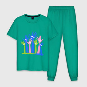 Мужская пижама хлопок с принтом Hands Up в Новосибирске, 100% хлопок | брюки и футболка прямого кроя, без карманов, на брюках мягкая резинка на поясе и по низу штанин
 | Тематика изображения на принте: glow | hands | up | вверх | руки | светяться | светящиеся | стетиться