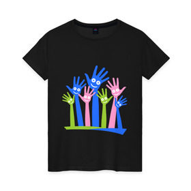 Женская футболка хлопок с принтом Hands Up в Новосибирске, 100% хлопок | прямой крой, круглый вырез горловины, длина до линии бедер, слегка спущенное плечо | glow | hands | up | вверх | руки | светяться | светящиеся | стетиться