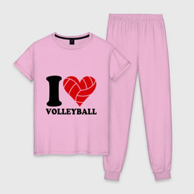 Женская пижама хлопок с принтом I love volleyball - Я люблю волейбол в Новосибирске, 100% хлопок | брюки и футболка прямого кроя, без карманов, на брюках мягкая резинка на поясе и по низу штанин | волейбол