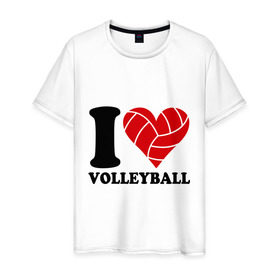 Мужская футболка хлопок с принтом I love volleyball - Я люблю волейбол в Новосибирске, 100% хлопок | прямой крой, круглый вырез горловины, длина до линии бедер, слегка спущенное плечо. | Тематика изображения на принте: волейбол