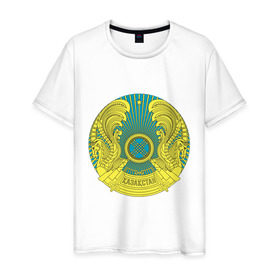 Мужская футболка хлопок с принтом Казахстан герб в Новосибирске, 100% хлопок | прямой крой, круглый вырез горловины, длина до линии бедер, слегка спущенное плечо. | Тематика изображения на принте: герб | государство | казахстан | символ | снг | страна