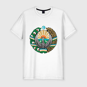 Мужская футболка премиум с принтом Узбекистан герб в Новосибирске, 92% хлопок, 8% лайкра | приталенный силуэт, круглый вырез ворота, длина до линии бедра, короткий рукав | герб | государство | символ | снг | страна | узбекистан