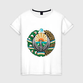 Женская футболка хлопок с принтом Узбекистан герб в Новосибирске, 100% хлопок | прямой крой, круглый вырез горловины, длина до линии бедер, слегка спущенное плечо | герб | государство | символ | снг | страна | узбекистан