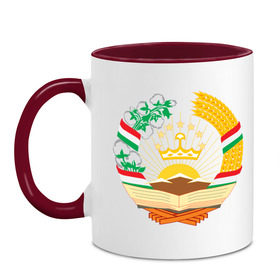 Кружка двухцветная с принтом Таджикистан герб в Новосибирске, керамика | объем — 330 мл, диаметр — 80 мм. Цветная ручка и кайма сверху, в некоторых цветах — вся внутренняя часть | политические | таджикистан герб | таджиксткий