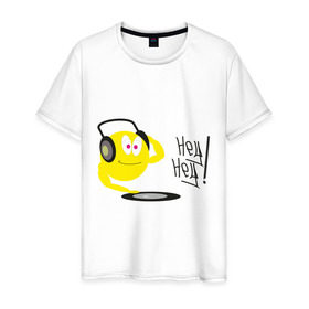 Мужская футболка хлопок с принтом Hey DJ! в Новосибирске, 100% хлопок | прямой крой, круглый вырез горловины, длина до линии бедер, слегка спущенное плечо. | deejay | hey | вертушки | диджей | пластинка | привет