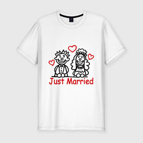 Мужская футболка премиум с принтом Just married (Молодожены) в Новосибирске, 92% хлопок, 8% лайкра | приталенный силуэт, круглый вырез ворота, длина до линии бедра, короткий рукав | just married | джаст мэрид | жених | молодоженам | молодожены | невеста | свадьба