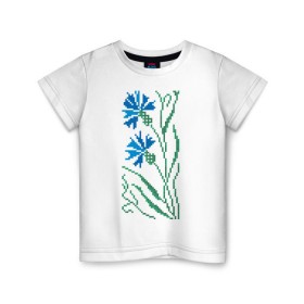 Детская футболка хлопок с принтом Василек-вышивка в Новосибирске, 100% хлопок | круглый вырез горловины, полуприлегающий силуэт, длина до линии бедер | Тематика изображения на принте: василек | вышивать | вышивка | крестик | крестиком | цветок | цветочки | цветы