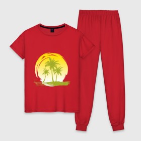 Женская пижама хлопок с принтом Райский уголок в Новосибирске, 100% хлопок | брюки и футболка прямого кроя, без карманов, на брюках мягкая резинка на поясе и по низу штанин | море | на море | пальмы | пляж | рай | райский отдых | райский уголок | райское наслаждение