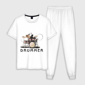 Мужская пижама хлопок с принтом Drummer в Новосибирске, 100% хлопок | брюки и футболка прямого кроя, без карманов, на брюках мягкая резинка на поясе и по низу штанин
 | Тематика изображения на принте: drummer | барабанщик | барабаны | драммер | ударник | ударные