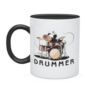 Кружка двухцветная с принтом Drummer в Новосибирске, керамика | объем — 330 мл, диаметр — 80 мм. Цветная ручка и кайма сверху, в некоторых цветах — вся внутренняя часть | dnb | drummer | барабанщик | барабаны | драм н басс | драммер | драмнбас | ударник | ударные