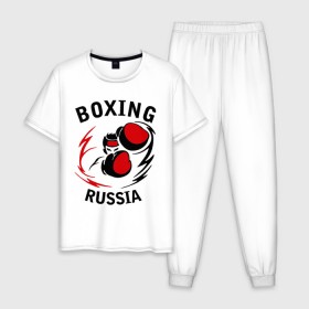 Мужская пижама хлопок с принтом Boxing russia forever в Новосибирске, 100% хлопок | брюки и футболка прямого кроя, без карманов, на брюках мягкая резинка на поясе и по низу штанин
 | 