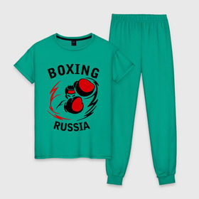 Женская пижама хлопок с принтом Boxing russia forever в Новосибирске, 100% хлопок | брюки и футболка прямого кроя, без карманов, на брюках мягкая резинка на поясе и по низу штанин | 