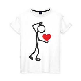 Женская футболка хлопок с принтом Человечек с сердцем (2) в Новосибирске, 100% хлопок | прямой крой, круглый вырез горловины, длина до линии бедер, слегка спущенное плечо | влюбленный | сердечко в руках | сердце | сердце в руках | человечек
