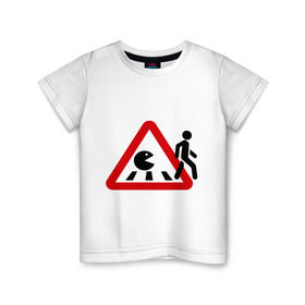 Детская футболка хлопок с принтом Хищный pacman в Новосибирске, 100% хлопок | круглый вырез горловины, полуприлегающий силуэт, длина до линии бедер | pacman | голодный колобок.пэкмен | дорожные знаки | пакмен | пешеход
