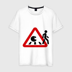 Мужская футболка хлопок с принтом Хищный pacman в Новосибирске, 100% хлопок | прямой крой, круглый вырез горловины, длина до линии бедер, слегка спущенное плечо. | Тематика изображения на принте: pacman | голодный колобок.пэкмен | дорожные знаки | пакмен | пешеход