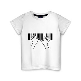 Детская футболка хлопок с принтом Фортепиано штрихкод в Новосибирске, 100% хлопок | круглый вырез горловины, полуприлегающий силуэт, длина до линии бедер | Тематика изображения на принте: пианино | руки | фортепиано | штрих код | штрихкод