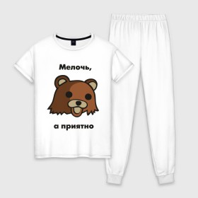 Женская пижама хлопок с принтом Мелочь а приятно в Новосибирске, 100% хлопок | брюки и футболка прямого кроя, без карманов, на брюках мягкая резинка на поясе и по низу штанин | pedobear | детведь | интернет мем | мелочь а приятно | педабир | педведь | педобер | педобир | педомедведь | педомедвеь | пидобир | чадомиша