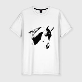 Мужская футболка премиум с принтом Лошадь черно-белая (5) в Новосибирске, 92% хлопок, 8% лайкра | приталенный силуэт, круглый вырез ворота, длина до линии бедра, короткий рукав | конь | лошадка | лошадь | лошадь черно белая