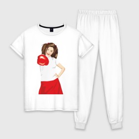 Женская пижама хлопок с принтом Бокс2 в Новосибирске, 100% хлопок | брюки и футболка прямого кроя, без карманов, на брюках мягкая резинка на поясе и по низу штанин | boxing | бокс | боксер | боксерская перчатка | боксировать | девушка