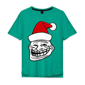 Мужская футболка хлопок Oversize с принтом Trollface в колпаке в Новосибирске, 100% хлопок | свободный крой, круглый ворот, “спинка” длиннее передней части | troll face | колпак | новогодний | новый год | рожа | тролл фейс | тролль | тролфейс | троль