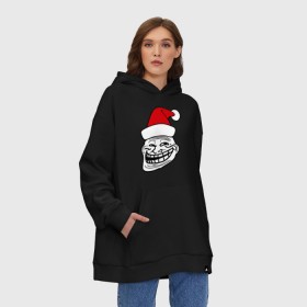 Худи SuperOversize хлопок с принтом Trollface в колпаке в Новосибирске, 70% хлопок, 30% полиэстер, мягкий начес внутри | карман-кенгуру, эластичная резинка на манжетах и по нижней кромке, двухслойный капюшон
 | Тематика изображения на принте: troll face | колпак | новогодний | новый год | рожа | тролл фейс | тролль | тролфейс | троль