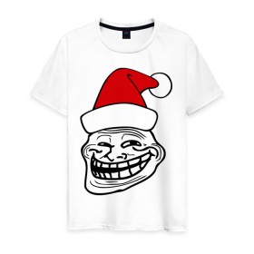 Мужская футболка хлопок с принтом Trollface в колпаке в Новосибирске, 100% хлопок | прямой крой, круглый вырез горловины, длина до линии бедер, слегка спущенное плечо. | troll face | колпак | новогодний | новый год | рожа | тролл фейс | тролль | тролфейс | троль