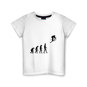 Детская футболка хлопок с принтом Эволюция лыжник в Новосибирске, 100% хлопок | круглый вырез горловины, полуприлегающий силуэт, длина до линии бедер | гора | горные лыжи | зимний спорт | лыжник | лыжный спорт | трассы | шерегеш | эволюция | экстремальный спорт | экстрим