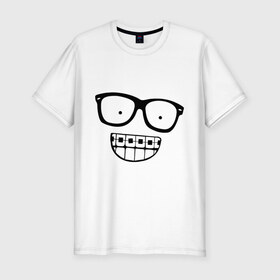 Мужская футболка премиум с принтом Ботаник в очках в Новосибирске, 92% хлопок, 8% лайкра | приталенный силуэт, круглый вырез ворота, длина до линии бедра, короткий рукав | ботаник | брекеты | брекиты | в очках | заучка | зубы | очкарик | очки | улыбаться | улыбка