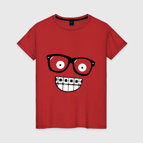Женская футболка хлопок с принтом Ботаник в очках в Новосибирске, 100% хлопок | прямой крой, круглый вырез горловины, длина до линии бедер, слегка спущенное плечо | ботаник | брекеты | брекиты | в очках | заучка | зубы | очкарик | очки | улыбаться | улыбка