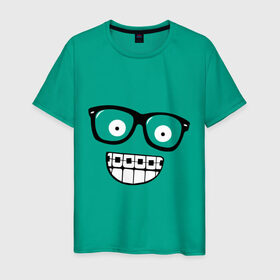 Мужская футболка хлопок с принтом Ботаник в очках в Новосибирске, 100% хлопок | прямой крой, круглый вырез горловины, длина до линии бедер, слегка спущенное плечо. | ботаник | брекеты | брекиты | в очках | заучка | зубы | очкарик | очки | улыбаться | улыбка