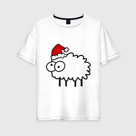 Женская футболка хлопок Oversize с принтом Новогодний бараш в Новосибирске, 100% хлопок | свободный крой, круглый ворот, спущенный рукав, длина до линии бедер
 | баран | бараш | бараш в шапке | барашек | новый год | овечка