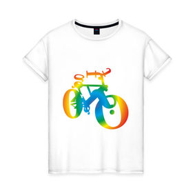 Женская футболка хлопок с принтом Велобуквы полноцвет в Новосибирске, 100% хлопок | прямой крой, круглый вырез горловины, длина до линии бедер, слегка спущенное плечо | алфавит | буквы | велосипед