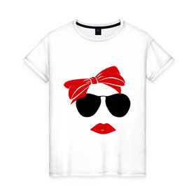 Женская футболка хлопок с принтом Vintage в Новосибирске, 100% хлопок | прямой крой, круглый вырез горловины, длина до линии бедер, слегка спущенное плечо | бант | винтаж | губы | девушка | лицо | очки | помада