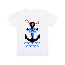 Детская футболка хлопок с принтом морской якорь в Новосибирске, 100% хлопок | круглый вырез горловины, полуприлегающий силуэт, длина до линии бедер | волны | канат | капитан | катер | корабль | море | моряк | плавание | порт | пристань | река | судоходный | тельняшка