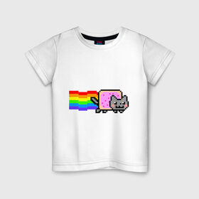 Детская футболка хлопок с принтом Nyan Cat в Новосибирске, 100% хлопок | круглый вырез горловины, полуприлегающий силуэт, длина до линии бедер | nyan cat | интернет приколы | кошка | нян кэт