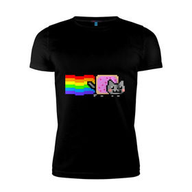 Мужская футболка премиум с принтом Nyan Cat в Новосибирске, 92% хлопок, 8% лайкра | приталенный силуэт, круглый вырез ворота, длина до линии бедра, короткий рукав | Тематика изображения на принте: nyan cat | интернет приколы | кошка | нян кэт