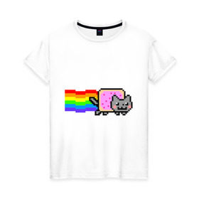 Женская футболка хлопок с принтом Nyan Cat в Новосибирске, 100% хлопок | прямой крой, круглый вырез горловины, длина до линии бедер, слегка спущенное плечо | nyan cat | интернет приколы | кошка | нян кэт