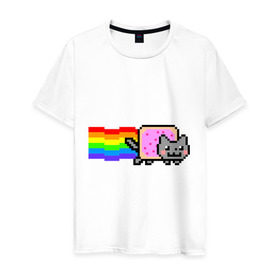 Мужская футболка хлопок с принтом Nyan Cat в Новосибирске, 100% хлопок | прямой крой, круглый вырез горловины, длина до линии бедер, слегка спущенное плечо. | nyan cat | интернет приколы | кошка | нян кэт