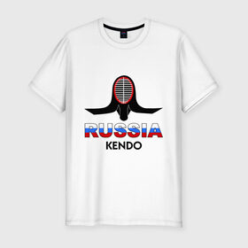 Мужская футболка премиум с принтом Kendo Russia в Новосибирске, 92% хлопок, 8% лайкра | приталенный силуэт, круглый вырез ворота, длина до линии бедра, короткий рукав | kendo | кендо | кендо в россия | маска | раша кендо | россия | россия кендо | фехтование