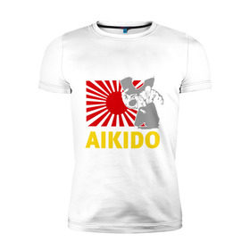 Мужская футболка премиум с принтом Айкидо флаг серый в Новосибирске, 92% хлопок, 8% лайкра | приталенный силуэт, круглый вырез ворота, длина до линии бедра, короткий рукав | Тематика изображения на принте: айкидо
