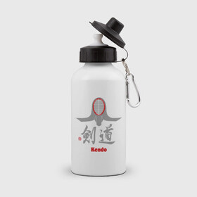 Бутылка спортивная с принтом Кендо маска иероглиф в Новосибирске, металл | емкость — 500 мл, в комплекте две пластиковые крышки и карабин для крепления | kendo | иероглиф | кендо | кендо иероглиф | лого | маска